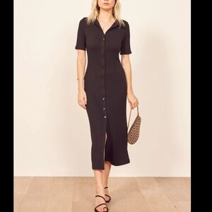Reformation Black Midi Button-Down ribbed Dress
